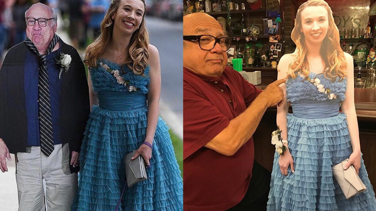 ERodBuster1's tweet photo. If anybody's having a bad day, here's that time a girl went to prom with a cardboard cut out of Danny DeVito as joke and then Rob McElhenney responded to her social media post with a picture of Danny with a cardboard cut out of her. https://t.co/j9qwq6bia6