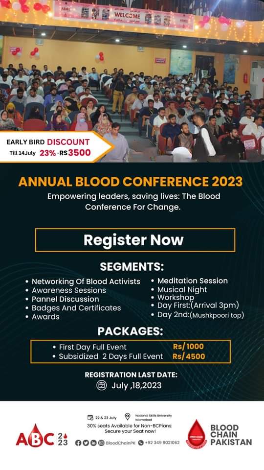 BloodChainPK's tweet photo. Registration for the #AnnualBloodConference 2023 is now open, offering early bird discounts of 23% and limited availability for non-BCpians.

The event aims to empower leaders and save lives.

Register now: https://t.co/ZlRYhhCkKc. https://t.co/G3J2Rrxfnv