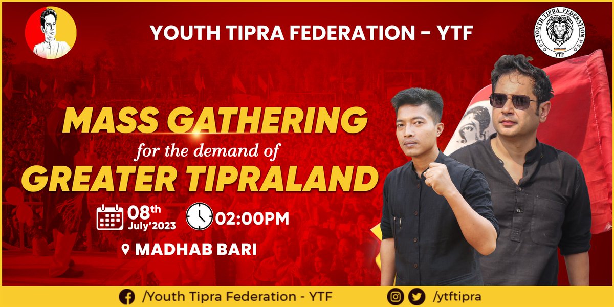YTFTIPRA's tweet photo. Join us today at 02:00 PM to raise our demand for a permanent constitutional solution for the indigenous people of the state #GreaterTipraland
#BubagraLongLive
#TIPRAMothaLongLive
#YTFLongLive
@PradyotManikya
@runiel_tiprasa https://t.co/C8EImdeCQH