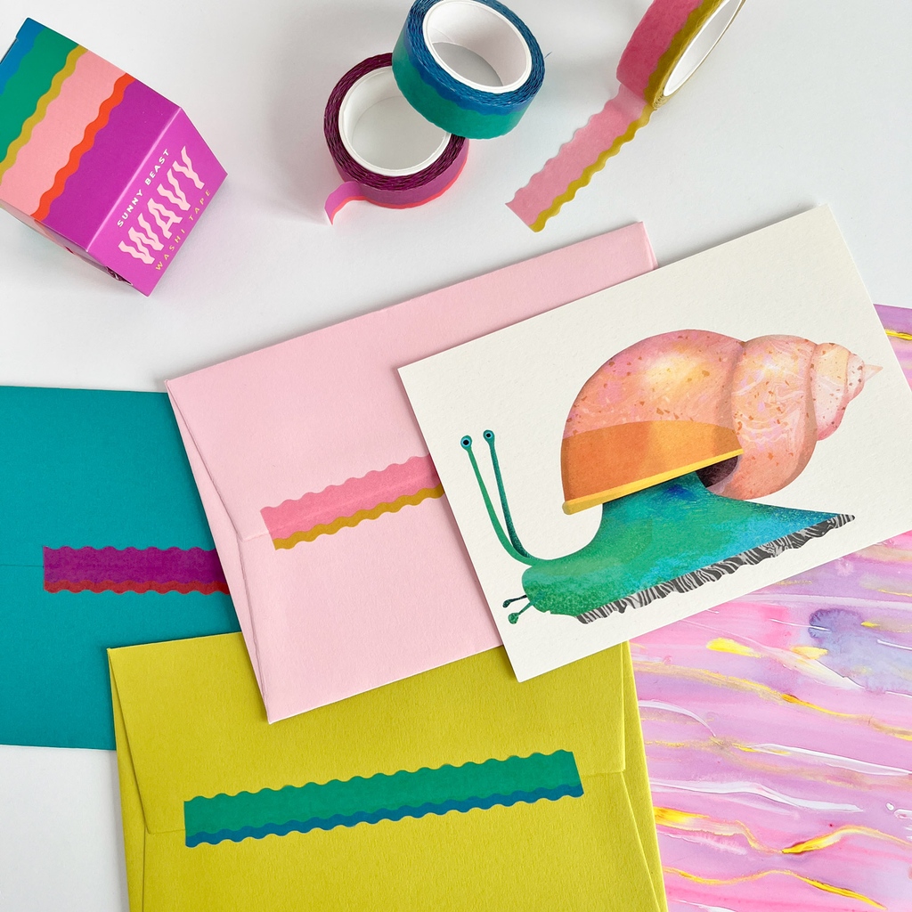 Wavy washi tape is still going strong 💪. Snail Mail cards also seem popular at the moment. 🐌

sunnybeast.com/products/wavy-…