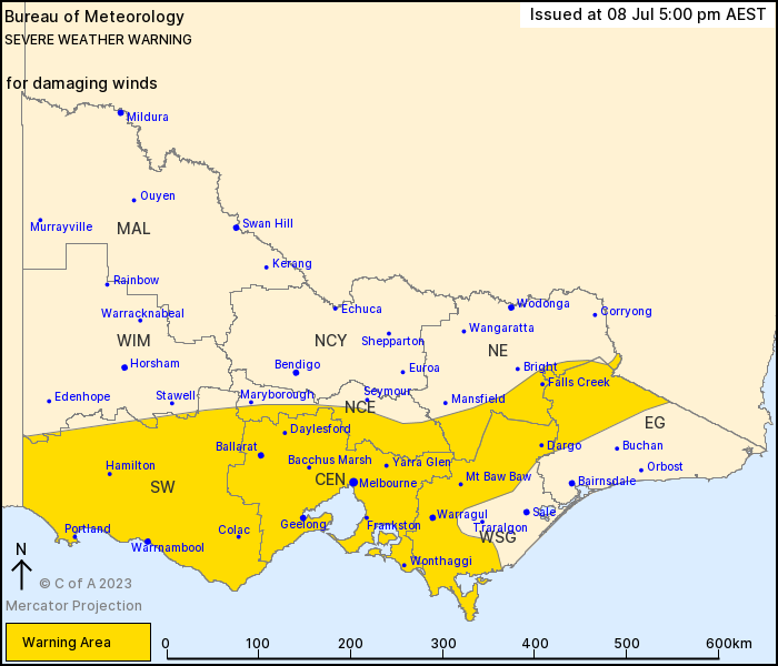 VIC Severe Weather Warning: Damaging Winds. Warrnambool, Ballarat, Geelong, Melbourne, Wonthaggi and Bacchus Marsh. #severeweather #ewnalerts #ewn #alert #severewx #VIC #vicwx bit.ly/3PP9oY0