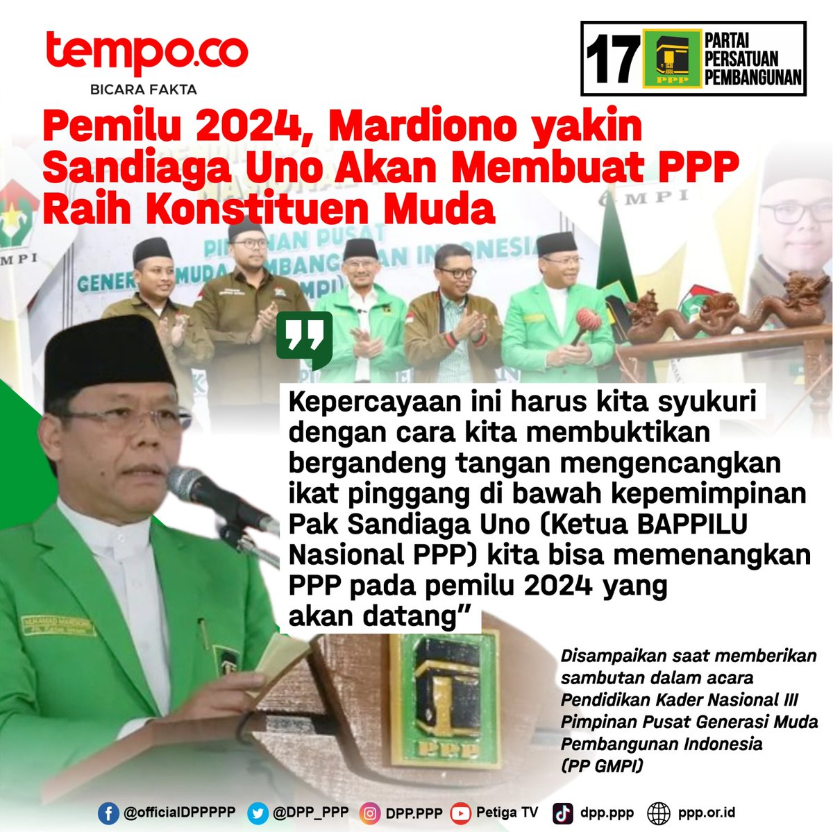 DPP_PPP's tweet photo. Kehadiran @sandiuno sebagai Ketua BAPPILU Nasional PPP akan menambah perolehan suara pada Pemilu 2024 terlebih suara generasi milenial 

#PPPMENANG https://t.co/mP0Tf95XY8