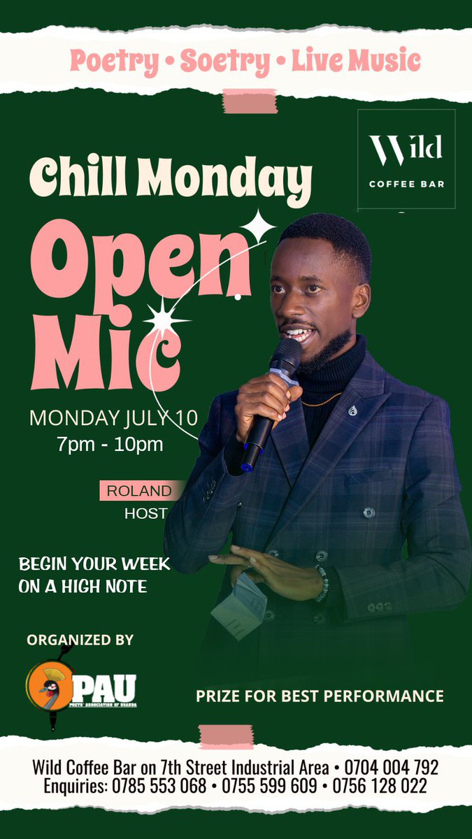 Do you have Monday plot??

Let's do this evening with you.

📍Wild Coffee Bar, 7th Street Industrial Area.

FREE ENTRY.
But you could be paid to leave 😂

Note: Best open mic poetry performance get rewarded 👌
#PoetryUgEvents