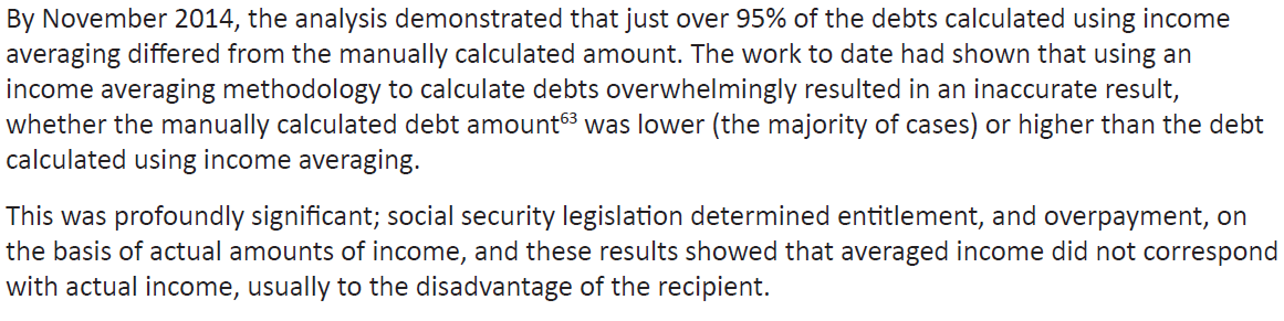 catrollison's tweet photo. Commissioner Holmes found that a DHS comparison between manually-calculated debts and income-averaging debts ("Robotdebts") that was performed in 2014 yes FOURTEEN had...well...seriously bad results: https://t.co/GGF2DAobbX