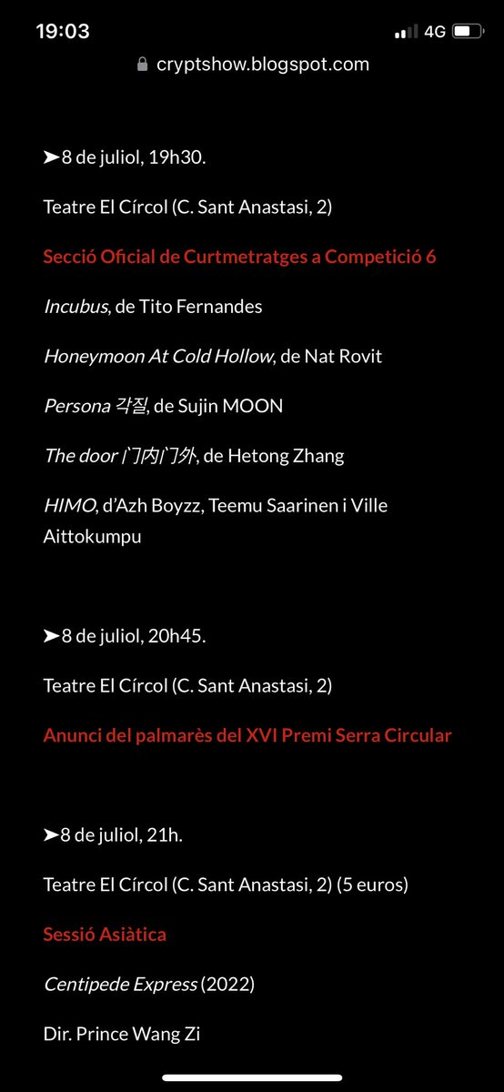 Cryptshow's tweet photo. Amants del terror!!! Avui us espera una nova jornada amb @ElioQuiroga, més curts i una trepidant sessió asiàtica de la mà de @CinemaOriental
Què més voleu?
#Badalona https://t.co/NaDMHfT5qW
