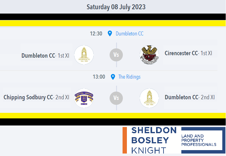 Saturday fixtures. Good luck all playing today.
1st XI v @CirencesterCC 1st (H)
2nd XI v @ChipSodCC 2nd (A)

dumbleton.play-cricket.com/Matches