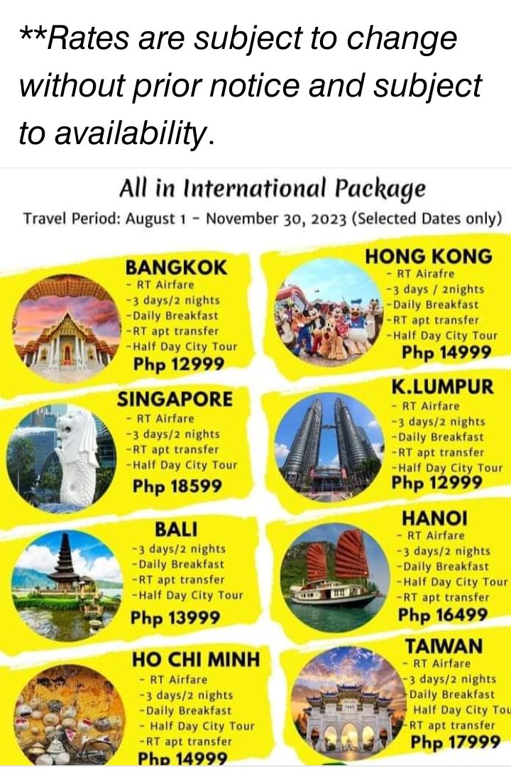 Leshca_Biz's tweet photo. International Package!
Travel Period: August to November 2023.

#travelplan
#travelling 
#promopackage
#travelandtours
#BookNow https://t.co/tUmfLzIVHQ