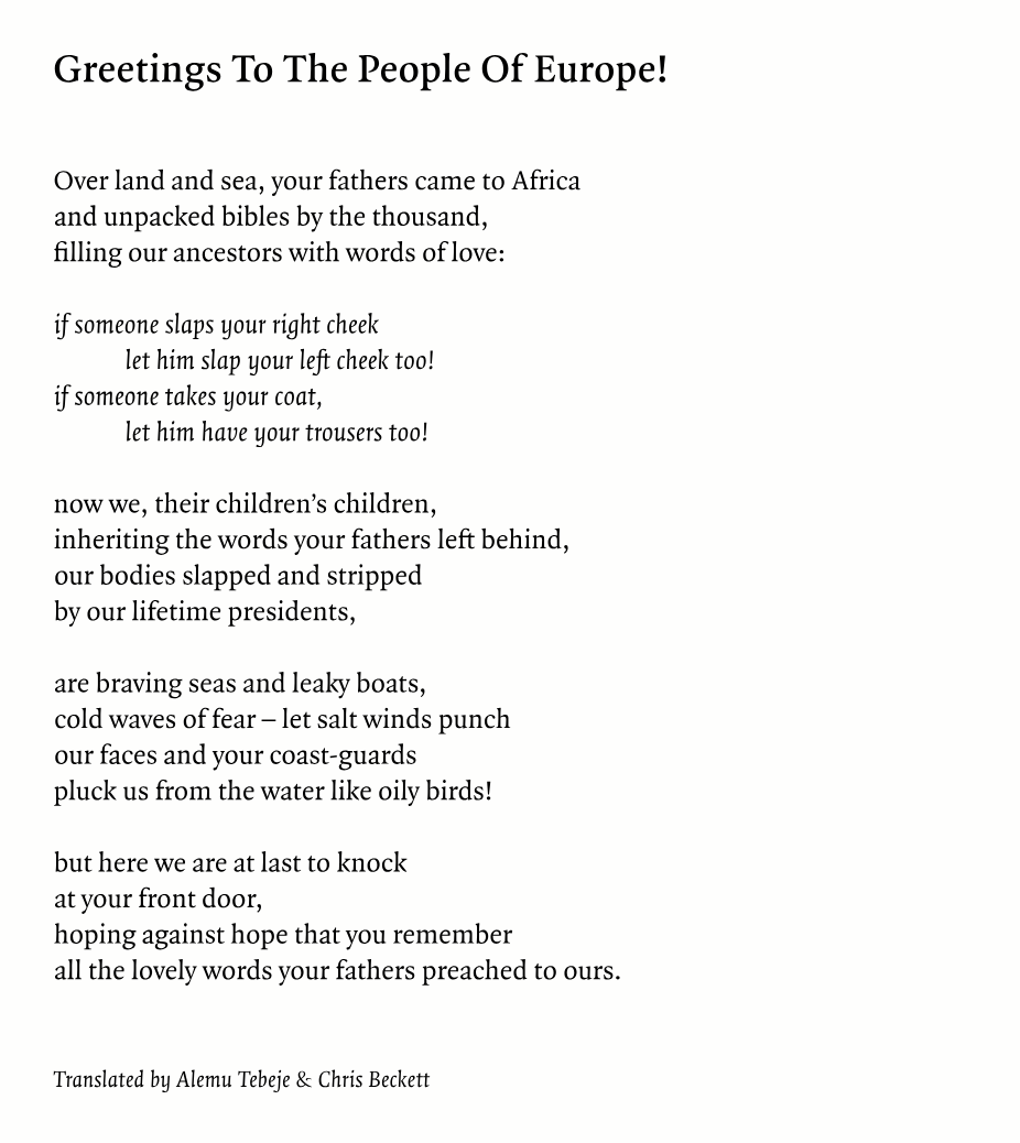 One of my favourite poems from Swirl of Words / Swirl of Worlds, gathered by Stephen Watts, produced by Ingrid Swenson at @PEER_UK in 2021. 
This poem by Alemu Tebeje and translated from the Amharic by Tebeje and Chris Beckett
The sooner this brutal government are out, the better https://t.co/WMSSwEP5jT https://t.co/KYEYqmKWWp