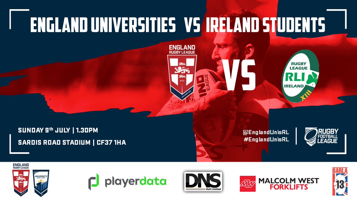 EnglandUnisRL's tweet photo. 2023 Four Nations - Game 1🏴󠁧󠁢󠁥󠁮󠁧󠁿🆚☘️

We kick off our Four Nations campaign against @Irelandrl on Sunday, 1.30pm Kick Off at @PontypriddRFC.

Entry is £5 for adults, £3 concessions &amp; £1 U16s

Team news to follow!

  #EnglandUnisRL https://t.co/rgpow7IJrV