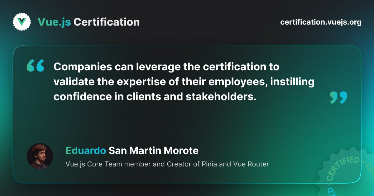 CertificatesDev's tweet image. Eduardo San Martin Morote @posva shares his views with us on the importance of @vuejs certification for companies.
Explore your certification options
certification.vuejs.org
#vuejs #vuejscertification