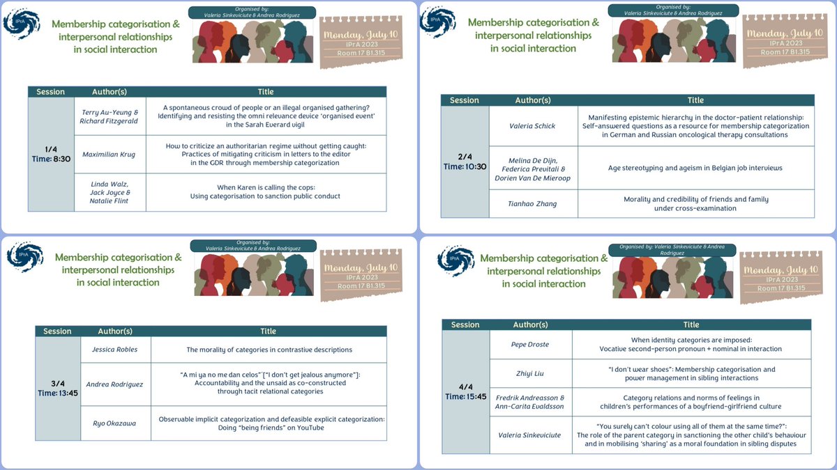 🎙 #IPrA2023 is almost here!
On Monday, Andrea <a href="/Rodriguez_Angio/">Andrea Rodriguez</a> &amp; I organise a panel on #MCA &amp; interpersonal #relationships in social #interaction 💭

4 sessions of fascinating talks on:
✅️ public discourse
✅️ institutional discourse
✅️ morality
✅️ family/children talk