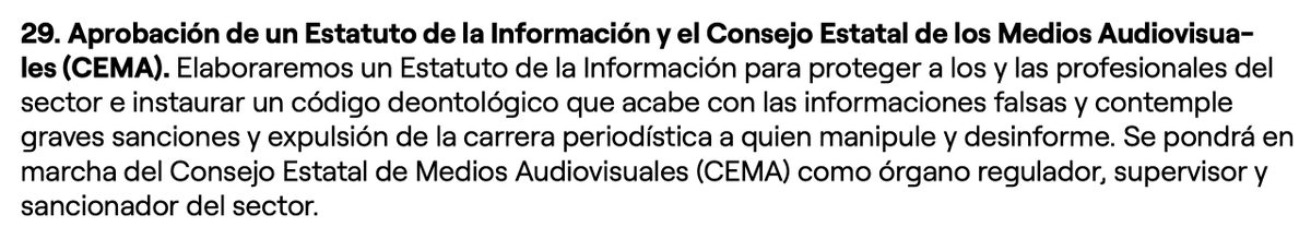 jimerino's tweet photo. @Maklane_World @juanrallo Este es su programa. Página 170, punto 29. "Se pondrá en marcha del Consejo Estatal de Medios Audiovisuales (CEMA) como órgano regulador, supervisor y sancionador del sector"

https://t.co/wS7GX97W7V https://t.co/27Vh1fPxZY