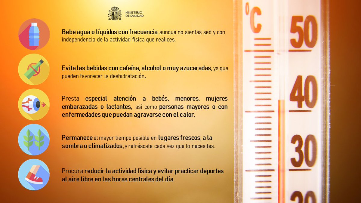 sanidadgob's tweet photo. 🚨 Aviso especial @AEMET_Esp por #OlaDeCalor 

🔸Sigue las recomendaciones @sanidadgob 

https://t.co/1Cngx3EV8N

🔸Mantente al tanto de los niveles de riesgo en tu provincia

https://t.co/ovwjJJmuRc

#PlanVERANO2023 https://t.co/x1zvASv1pk