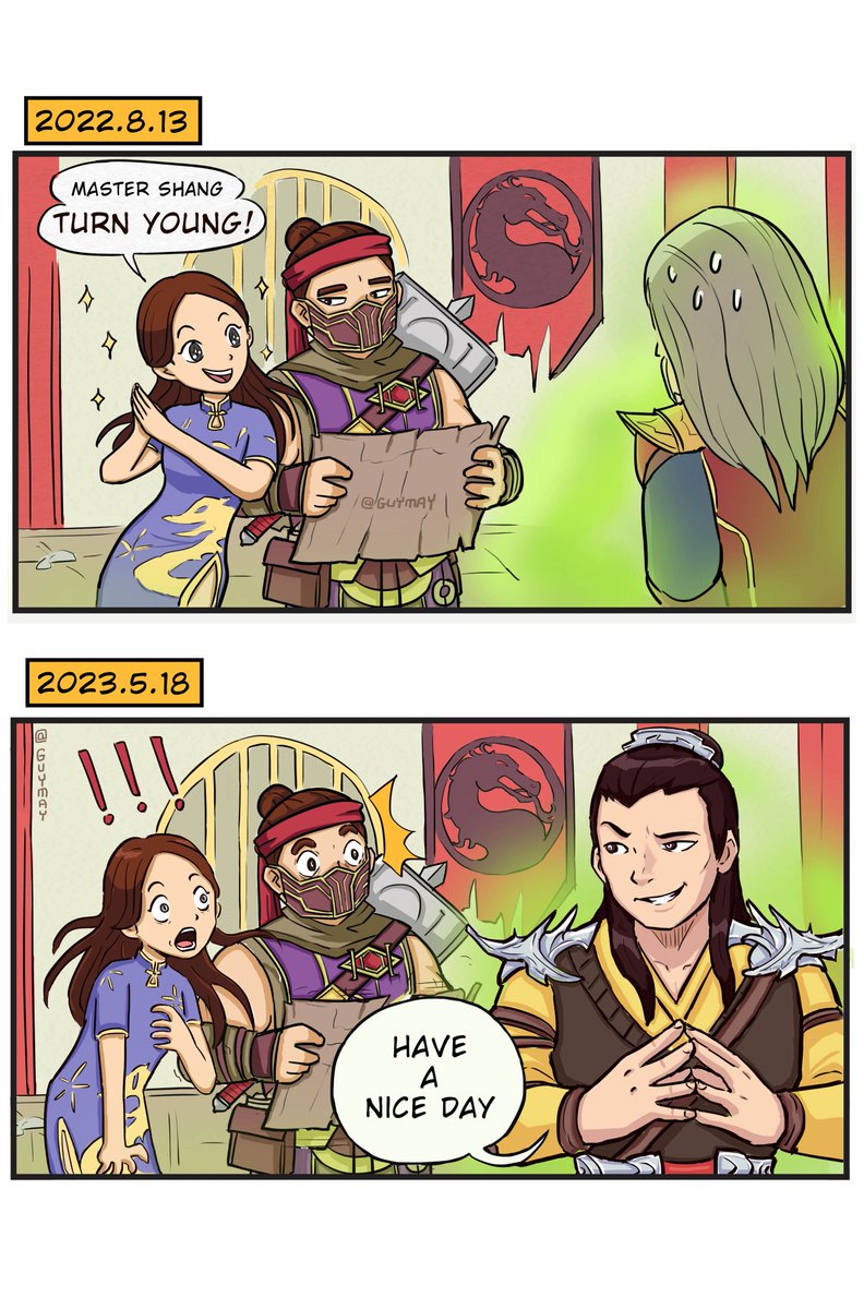 Guymay4's tweet image. 2022:
#Shangtsung~old man~you are charming in mk11,if you turned young,it would help you sell the next game
2023:
&quot;Have a Nice Day~&quot;*wink*😉
😳🤯HOLY!! he really turns young in MK1 !!
I can feel my wallet is in danger…💰😂

#mortalkombat #Krypt #comic #fanart