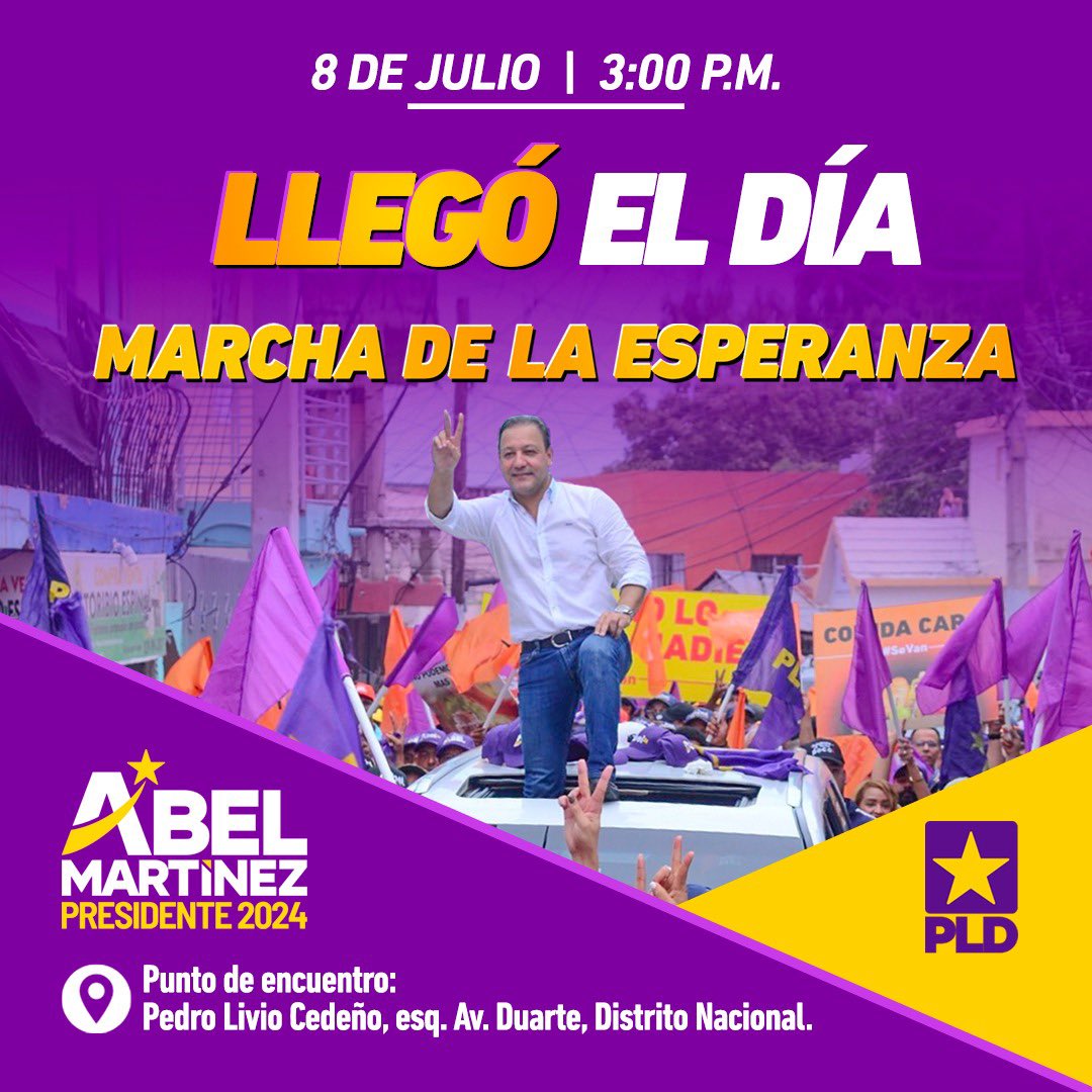 AbelComunicaRD's tweet photo. ¡Llego el día!

Los y las peledeistas marcharemos esta tarde, a partir de las 3pm, junto a los ciudadanos que sufren la falta de gerencia del PRM.

¡Nos vemos esta tarde! 

#MarchaDeLaEsperanza #AguantenQueFaltaPoco https://t.co/wNL2FIwxl9
