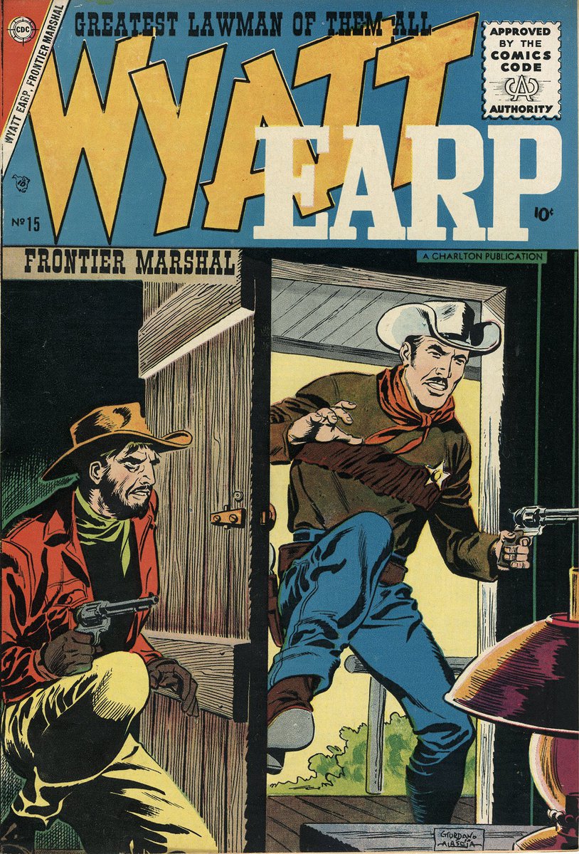 Happy American Pride Month: 1957 Wyatt Earp Frontier Marshall #15 from Charlton Comics. Art by Dick Giordano and Vince Alascia. #ComicArt #comicbookart #comicbookcover #AmericanPrideMonth #America #USA #oldwest #cowboy #western #WyattEarp