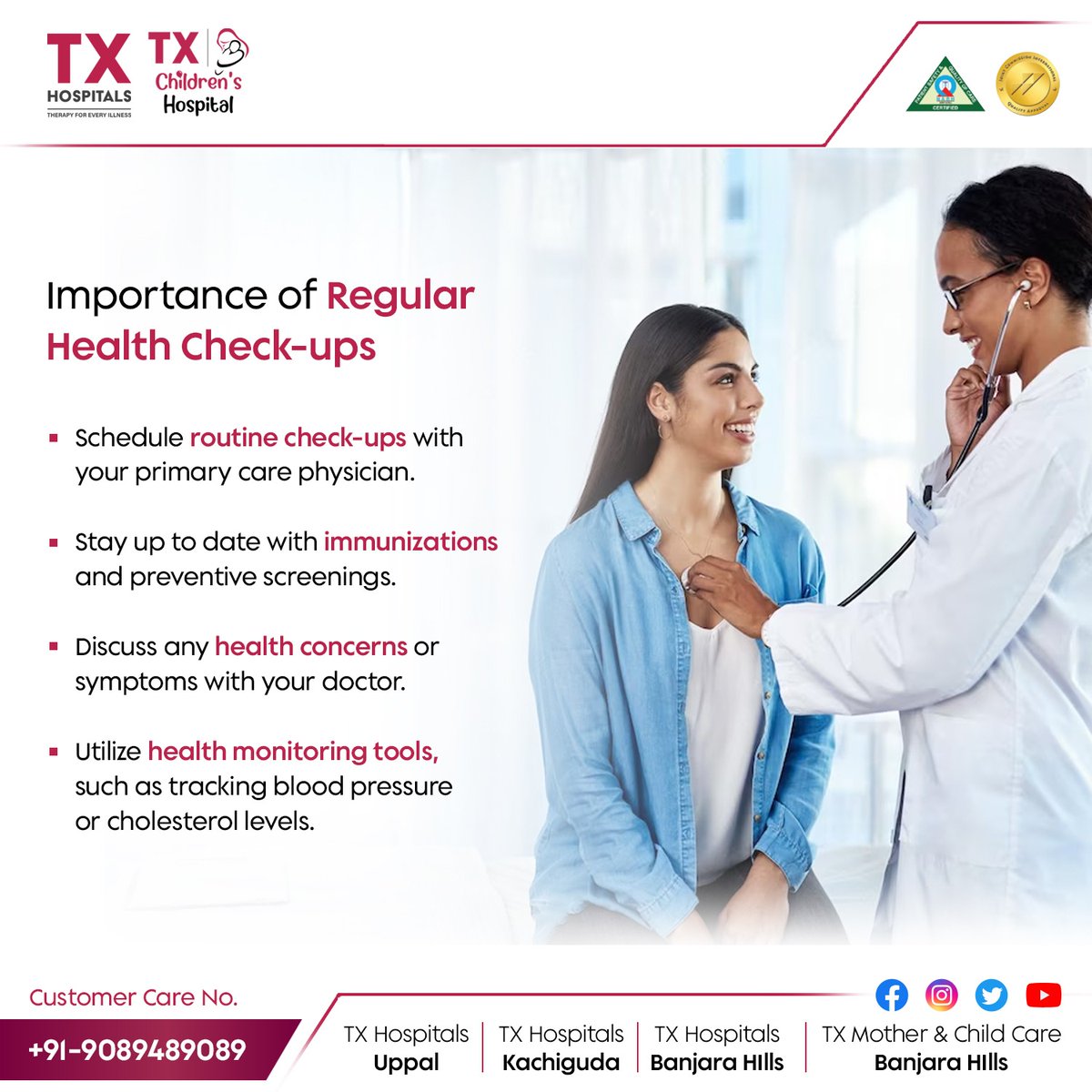 🌟 Health is wealth! 💪

Regular health check-ups are essential for maintaining a strong and happy life. 

Contact for Health Checkup Details: 9089489089

#StayHealthy #PrioritizeWellness #TXHospitals #HealthCare #wellness #healthcheckup