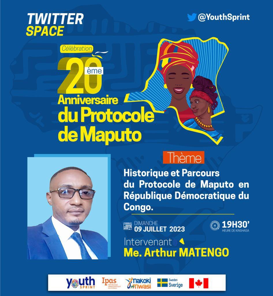 Au cours du #TweeterSpace en marge de la célébration de #20ansDuProtocoleDeMaputo,  Me Arthur #Matengo, expert formateur sur les droits de la femme et du genre va intervenir sur l’historique et le parcours du Protocole de Maputo en RDC.
#ProtocoleMaputo20ans 
@MakokiYaMwasi