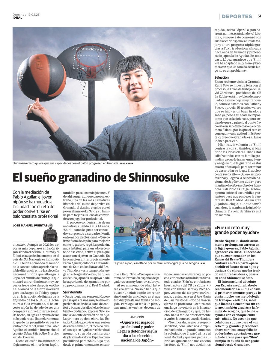 現地、グラナダの新聞に #ShinnosukeSato  さんの記事が取り上げられました！彼のストーリーは本当に勇気を与えてくれます！写真には Shinさんと彼の家族が写っています。
<a href="/josempuertas/">Jose Manuel Puertas</a> 素晴らしいインタビューをありがとうございました！
#basketball #dreambig #futureofbasketball #japan #spain