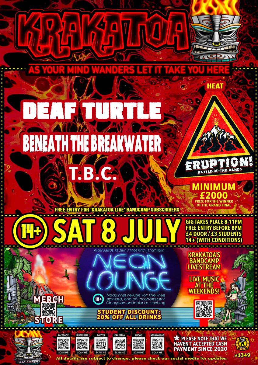 VolcanicTiki's tweet photo. We've got another ERUPTION BOTB heat this evening.
What are we on to now? Heat 5, I think?
Tonight it's the turn of #deafturtle and #beneaththebreakwater to do battle.
FREE before 8pm, and FREE even after that if you subscribe to our bandcamp page: https://t.co/srf53GFuVb https://t.co/OCf1UDWIXV
