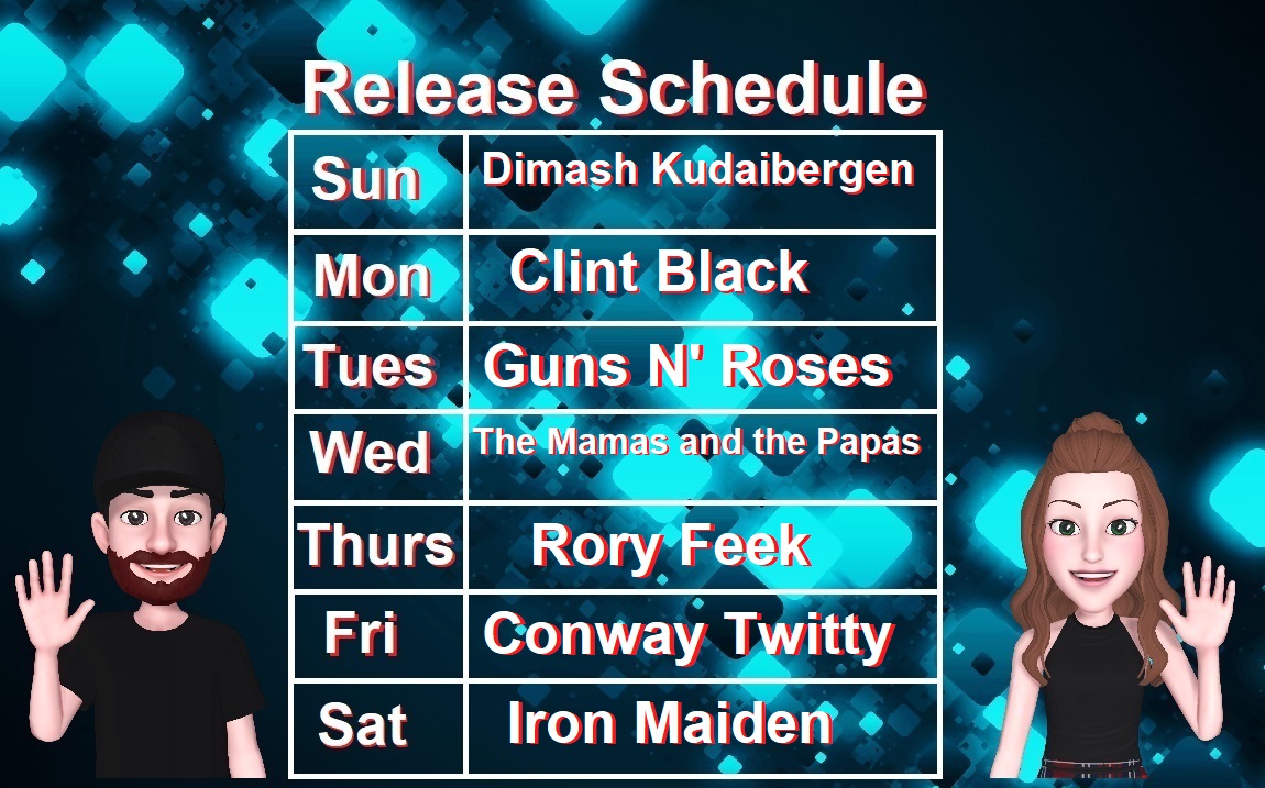 Here is the release schedule for Sunday July 9th - July 15th, over on the #YouTube channel. Tuesday's reaction is a #Patreon exclusive as well. (links in the bio) #dimash #clintblack #GunsNRoses  #themamasandthepapas #roryfeek #conwaytwitty #IronMaidenWeekend