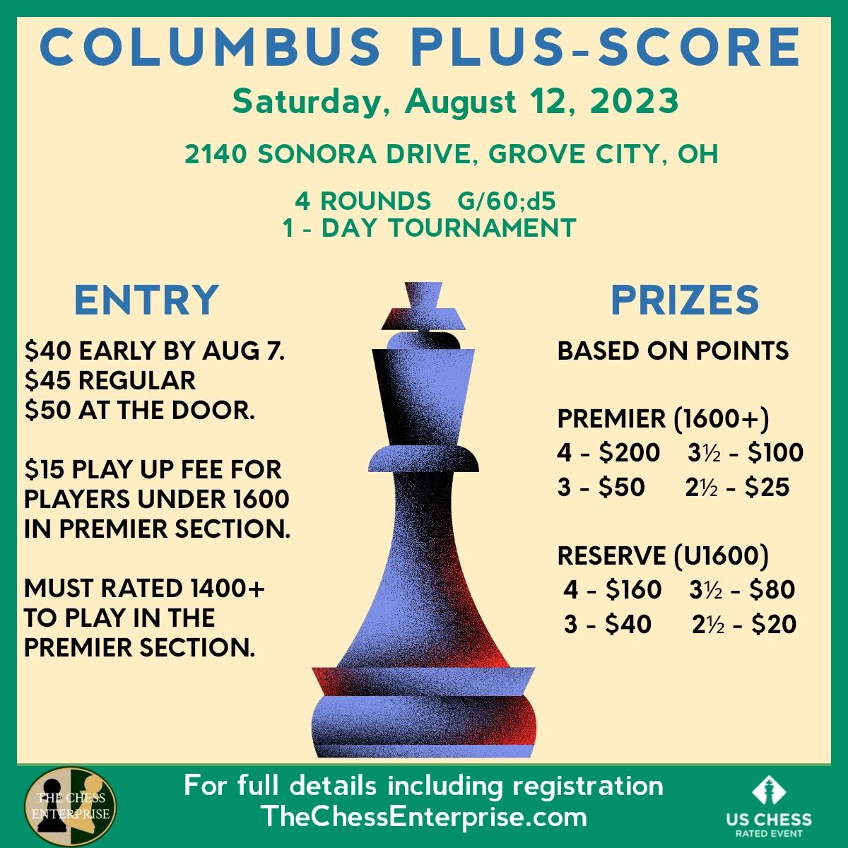 ChessEnterprise's tweet image. ♔♕♖♗♘  𝗖𝗢𝗟𝗨𝗠𝗕𝗨𝗦 𝗣𝗟𝗨𝗦-𝗦𝗖𝗢𝗥𝗘  𝗔𝗨𝗚𝗨𝗦𝗧 
♚♛♜♝♞  𝗥𝗘𝗚𝗜𝗦𝗧𝗥𝗔𝗧𝗜𝗢𝗡 𝗜𝗦 𝗢𝗣𝗘𝗡       

Date: Saturday, Aug 12, 2023
Location: 2140 Sonora Drive, Grove City, OH 43123.
Open to all players.

For full details and entry:
thechessenterprise.com