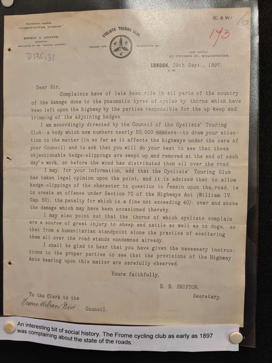 1897 cyclists observations on road conditions and the Highways Act of the time.   Love this, Frome museum doing what local museums do so well.