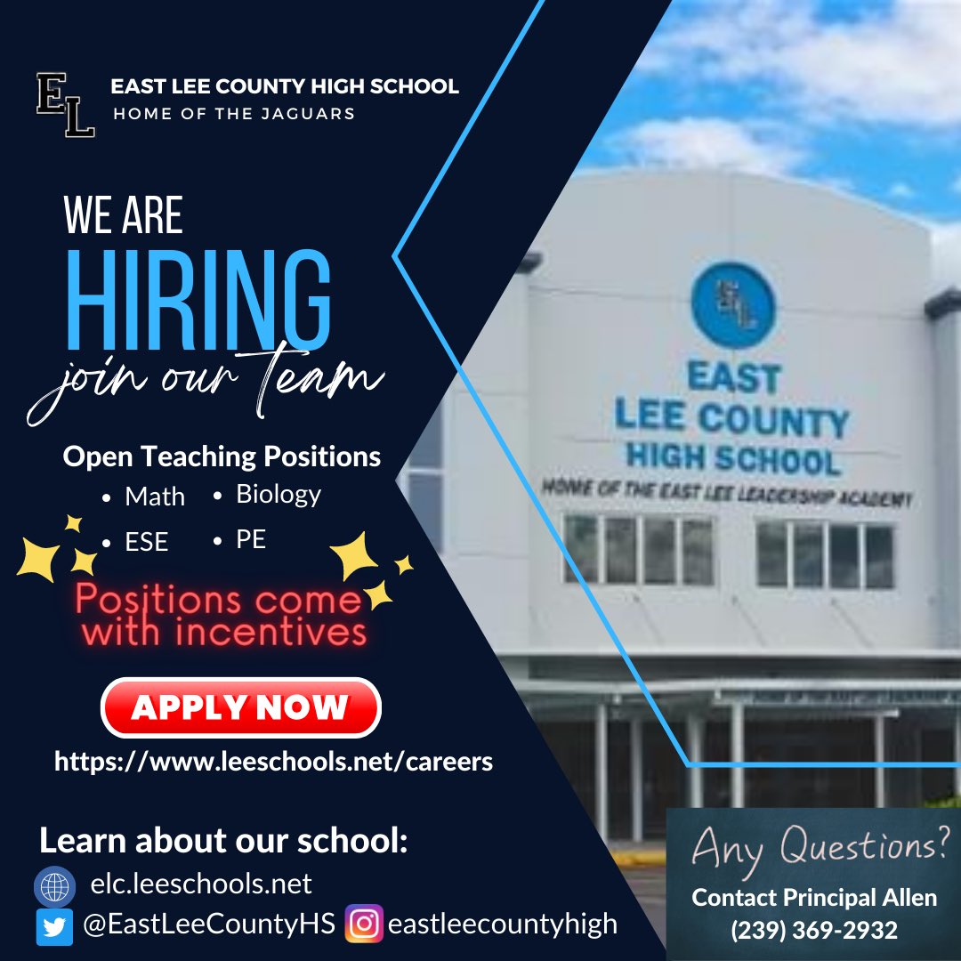 East Lee County High School is hiring passionate educators 📢 Teaching positions available in Math, Biology, ESE, & PE. Join the Jaguar family and enjoy special incentives. Apply now! leeschools.net/careers #HiringTeachers #JoinTheJaguars