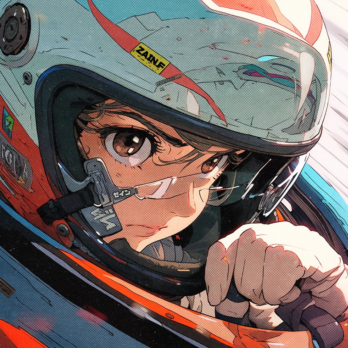 ash__shaam's tweet photo. Racer Manga cover 🏎️👾✨ 
Yes I used AI then dropped it into photoshop and made other edits, then finally dropped layers of texture/grain with custom colored overtone shades :)
#mangaart #digitalart https://t.co/Ne0k7J30Cg
