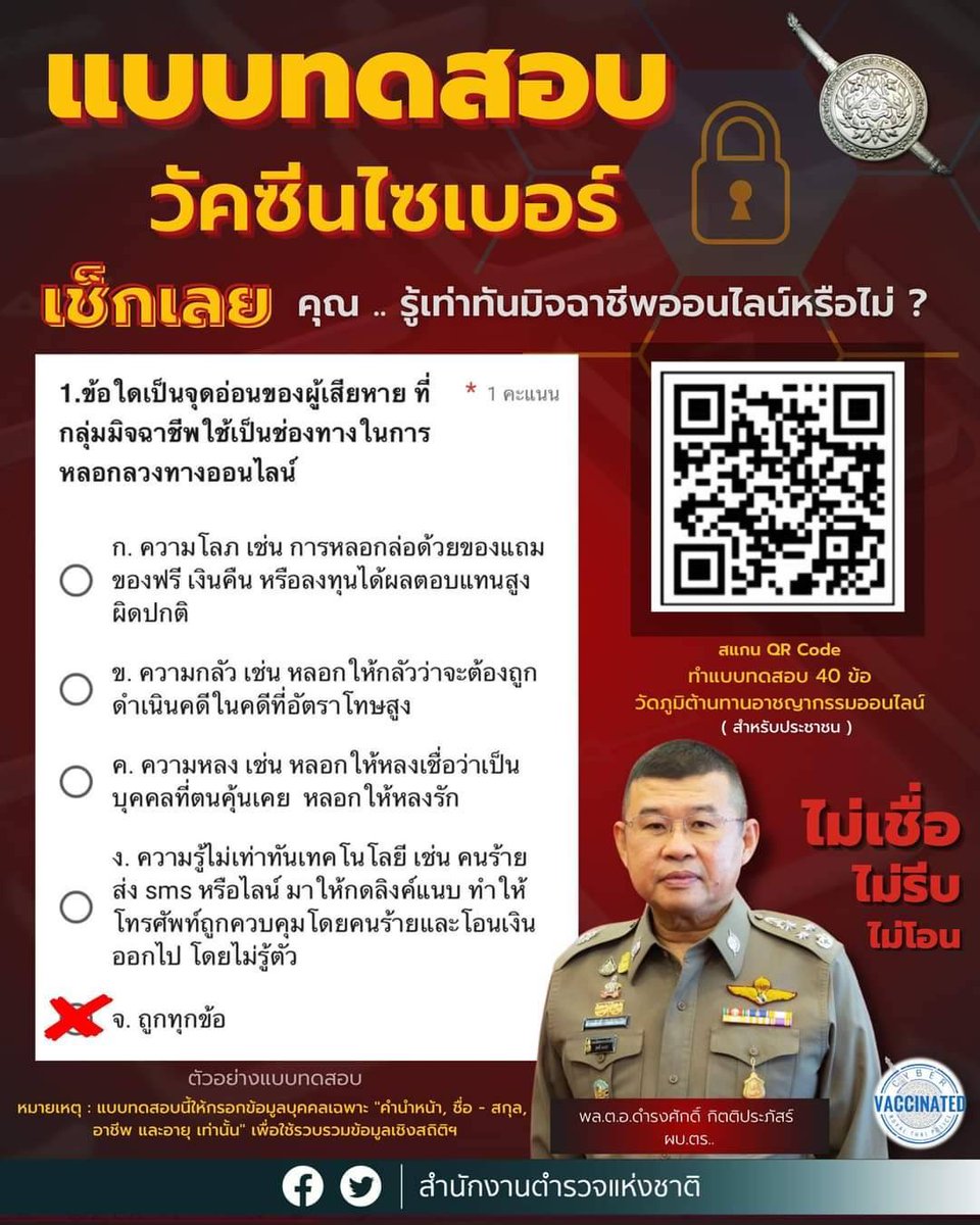 รู้เท่าทันอย่าให้มิจฉาชีพหลอกเราได้ ทำแบบทดสอบได้เลยย!!!
#วัคซีนไซเบอร์ #สถานีตำรวจภูธรดอนหญ้านาง #สำนักงานตำรวจแห่งชาติ