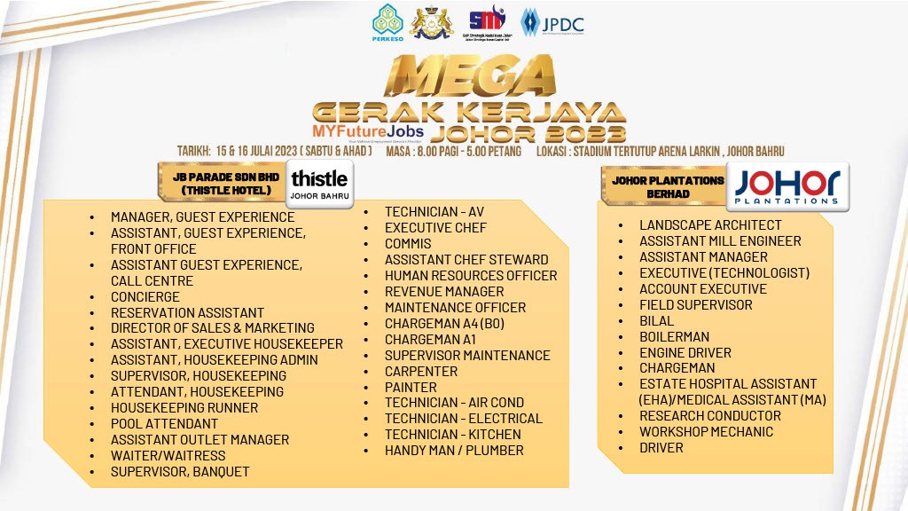 MEGA 𝗚𝗘𝗥𝗔𝗞 𝗞𝗘𝗥𝗝𝗔𝗬𝗔 MYFUTUREJOBS 𝗝𝗢𝗛𝗢𝗥 𝟮𝟬𝟮𝟯❤️💙

Antara majikan terlibat dan telah bersedia untuk mengambil anda semua bekerja 😁🎉🌈
🗓️Tarikh : 15 & 16 Julai 2023 / Sabtu & Ahad
⏰Masa : 8am - 5pm
📍Stadium Tertutup Arena Larkin, Johor Bahru