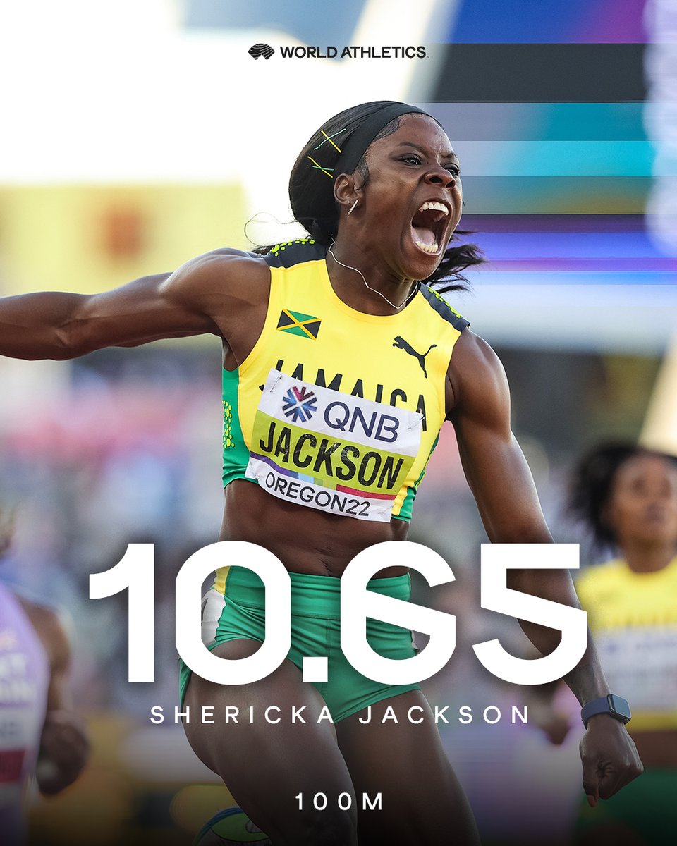 WorldAthletics's tweet photo. WORLD LEAD💥

@sherickajacko 🇯🇲 runs 10.65 in the Jamaican National Championships. That time makes her the 5th fastest woman in history over 100m 🔥 https://t.co/BRepuJstvN
