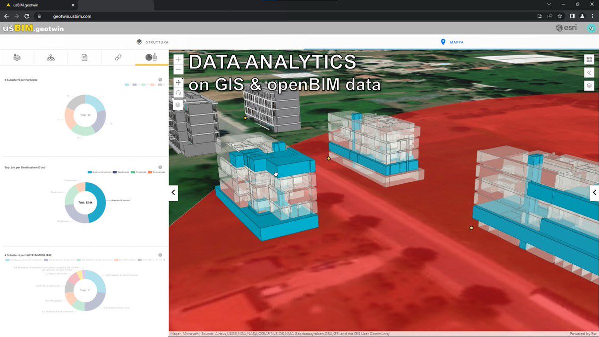 ACianciulli's tweet photo. #GIS and #openbim.
An example of how to know all the volumes and areas by intended use of various #BIM models in #ifc open BIM on a GIS map. The data can then be analyzed with the #BI integrated with the Common Data Environment #CDE and GIS
#usBIM @ACCAsoftware #ArcGis @Esri https://t.co/65LIHqDnnk