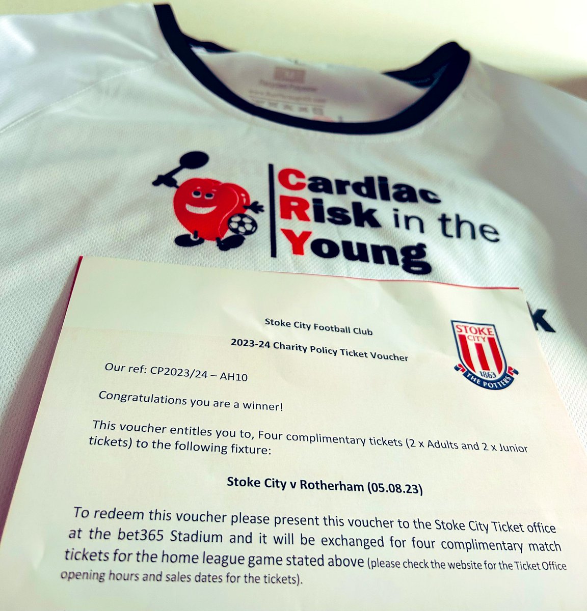 In support of my 20 mile walk for <a href="/CRY_UK/">CRY</a> today with <a href="/NathanHeaney/">Nathan Hitman Heaney</a>, <a href="/scfc_community/">Stoke City Community Trust</a> have given 4 tickets for Stoke City vs Rotherham on 5th August! 

Available for a £50 donation! DM me for details! 🔴⚪️

All money raised will fund a heart screening for at least 100 young people!