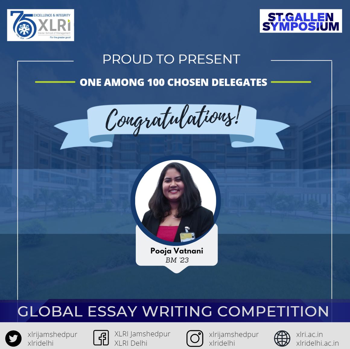 XLRI is elated to announce that Pooja Vatnani from the Business Management Program, Batch of 2023, has been selected as a Leader of Tomorrow at the 52nd St. Gallen Symposium.
#XLRI #xlrijamshedpur #xlridelhi #leader  #gallensymposium #leaderoftomorrow #achievement #mba #bschools