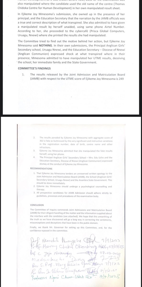 Mmesoma and <a href="/JAMBHQ/">JAMB</a>  Saga: 

I have just read the report of the Committee set up by Anambra State Government  to investigate and report their independent findings on the Mmesoma and JAMB Saga. 

I am satisfied with the process and findings of their investigation which gave