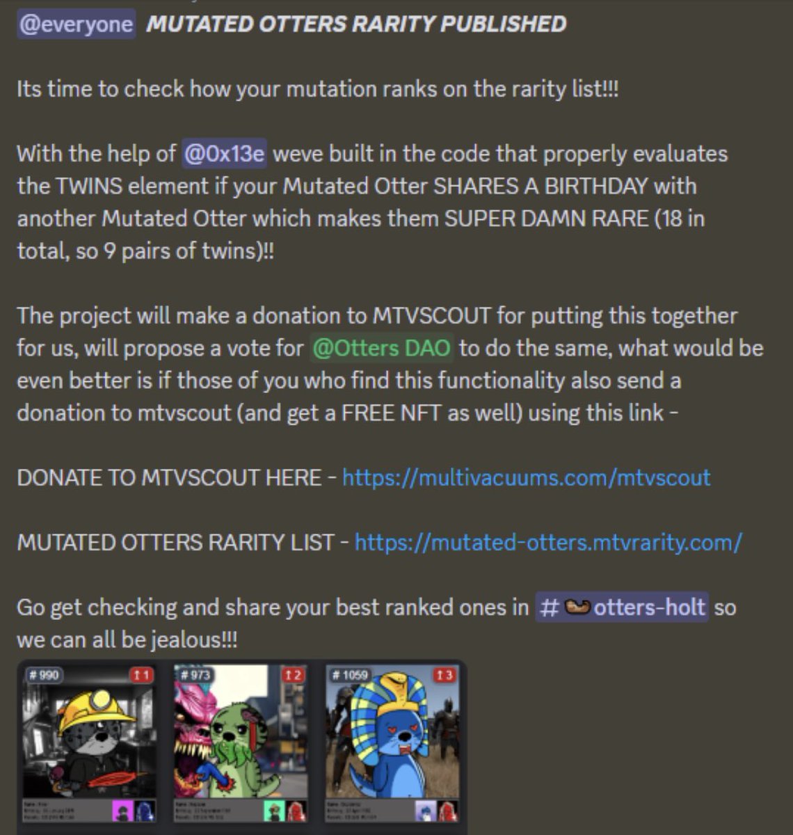 How rare are yours ! 🔥 

Big thanks to @dustycrumisland for doing this for the community ! 

What a guy! 
Make a donation if you can 🙏 

#mutatedotters #mtv #nft #opensea #twinotters #twins #nftrarity
