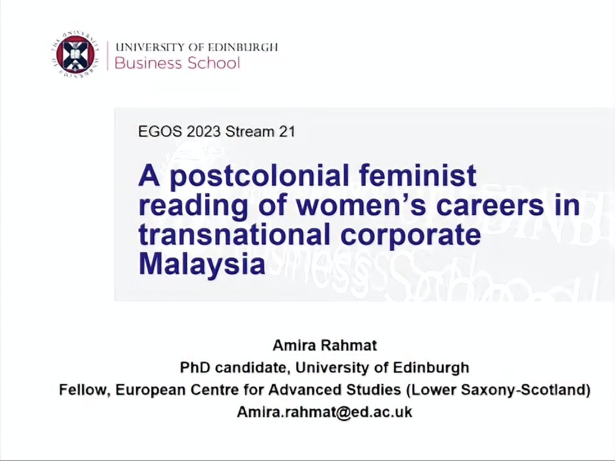 Amira Rahmat offers a #postcolonial #feminist reading of women's #careers in Malaysia. She highlights the impact of Global North ideologies on careers in the Global South, showing how "the figure of the corporate woman is being constructed and transposed to contexts" #EGOS2023