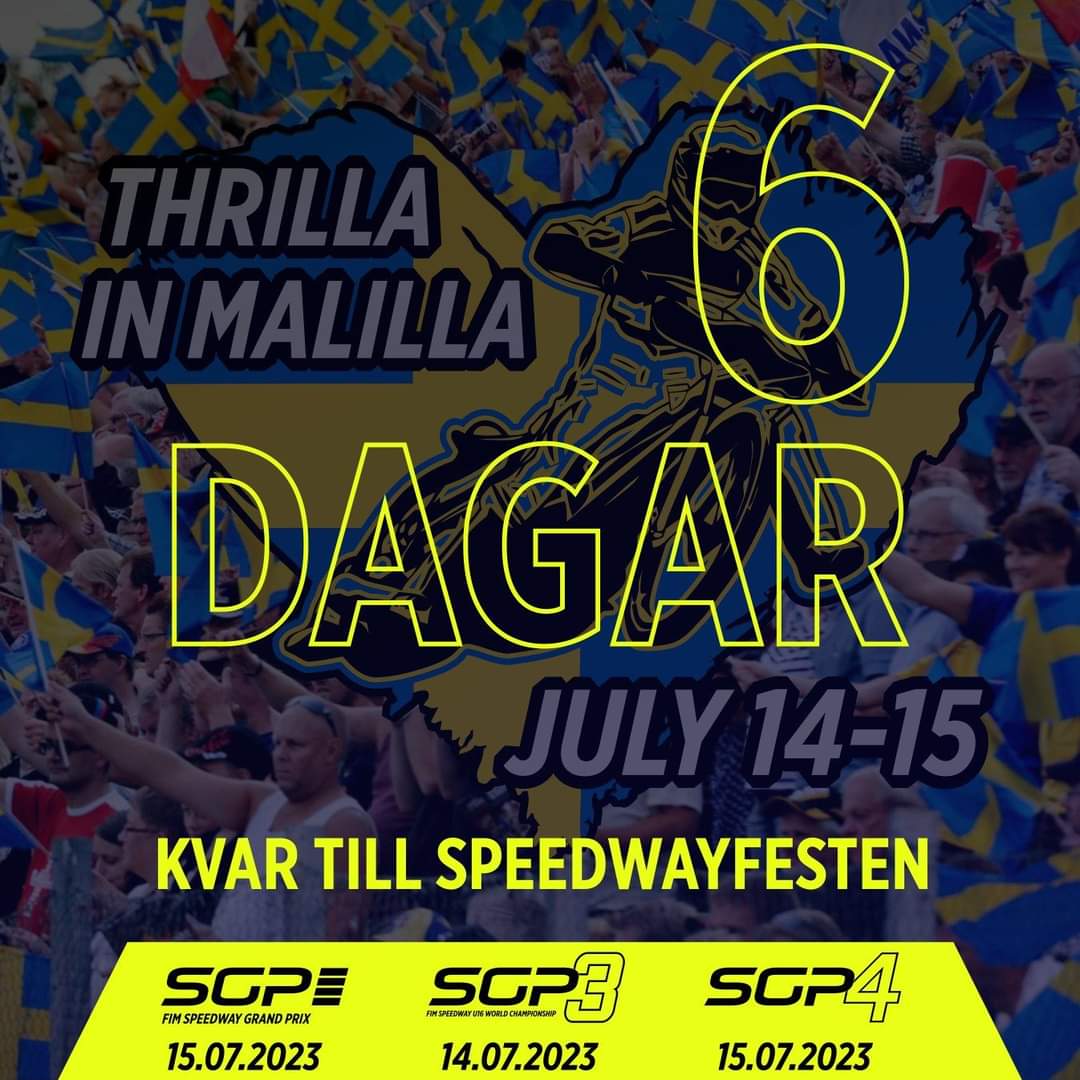 malillagp's tweet photo. 6 DAGAR KVAR TILL SPEEDWAYFESTEN I MÅLILLA!
En hel helg fylld med speedway, action, spänning och underhållning.
3 internationella tävlingar på en och samma helg - Endast i Sverige!
Fanzone med familjeaktiviter, mat, dryck, glass, munkar, godis.
#malillagp #FIMSpeedwayGP https://t.co/Yp5XDkuxrO