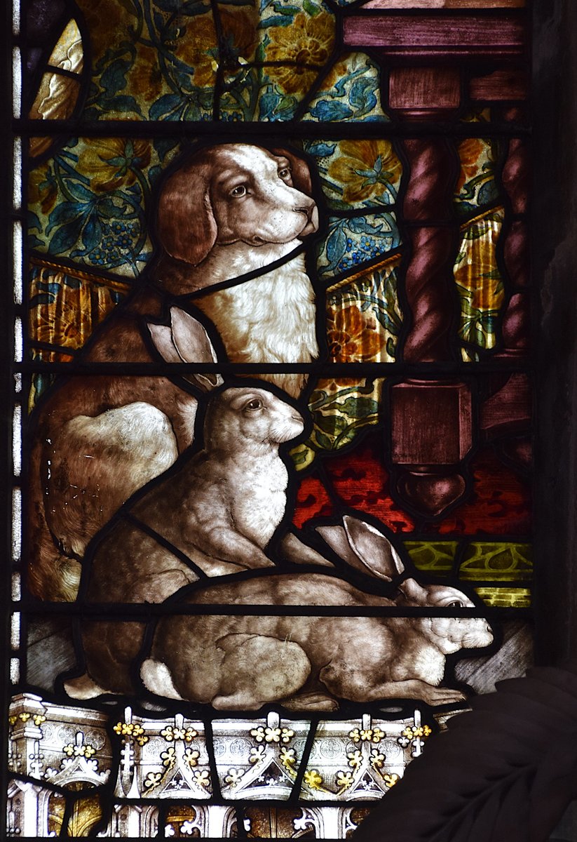 A detail of the poet William Cowper's memorial window at Dereham, Norfolk, visited yesterday. His dog Beau and his hares Tiney and Puss, glass by Heaton, Butler &amp; Bayne, 1900.

' Old Tiney, surliest of his kind,
    Who, nursed with tender care,
And to domesticate bounds