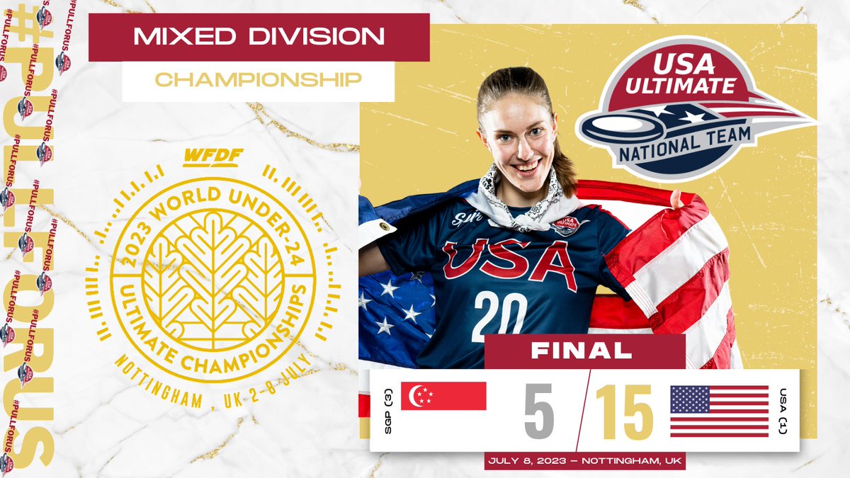 USAUltimate's tweet photo. WORLD CHAMPIONS 🇺🇸🥇 Team USA in the mixed division has won its fifth consecutive title at U-24 Worlds! 

#PullForUS | @WorldFlyingDisc https://t.co/6zkQnaka1w