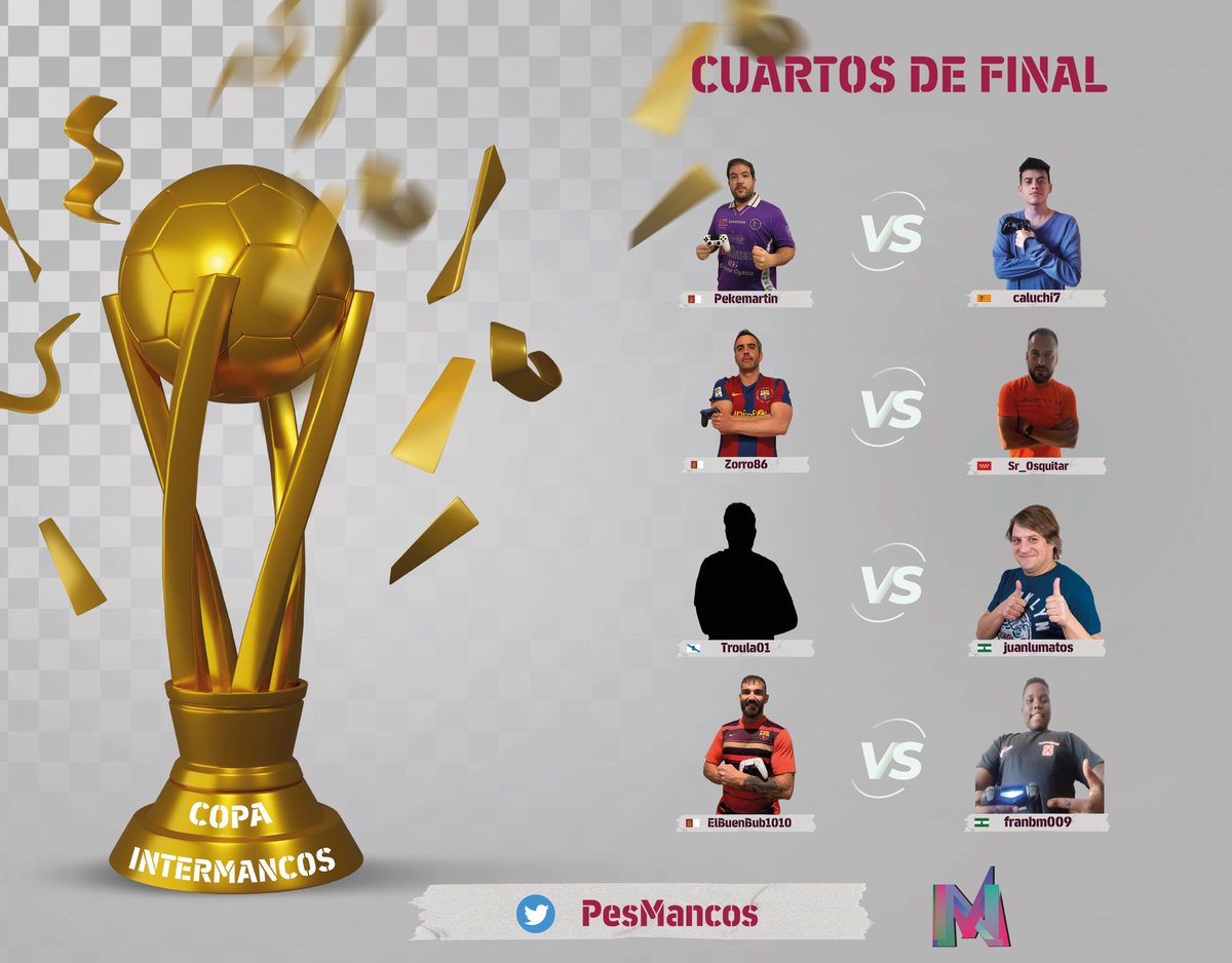 Ya tenemos el bracket de los cuartos de final de la copa INTERMANCOS. Mucha suerte a los 8 participantes.
<a href="/dpekemartin/">DMP </a> 
#caluchi7
<a href="/Zorro_221186/">Jorge</a> 
<a href="/srosquitar/">@srosquitar</a> 
#Troula01
#juanlumatos
<a href="/ElBuenBub1010/">🎧⚽️🎮❄️BuB🔥♎️🎾♠️</a> 
#franbm009