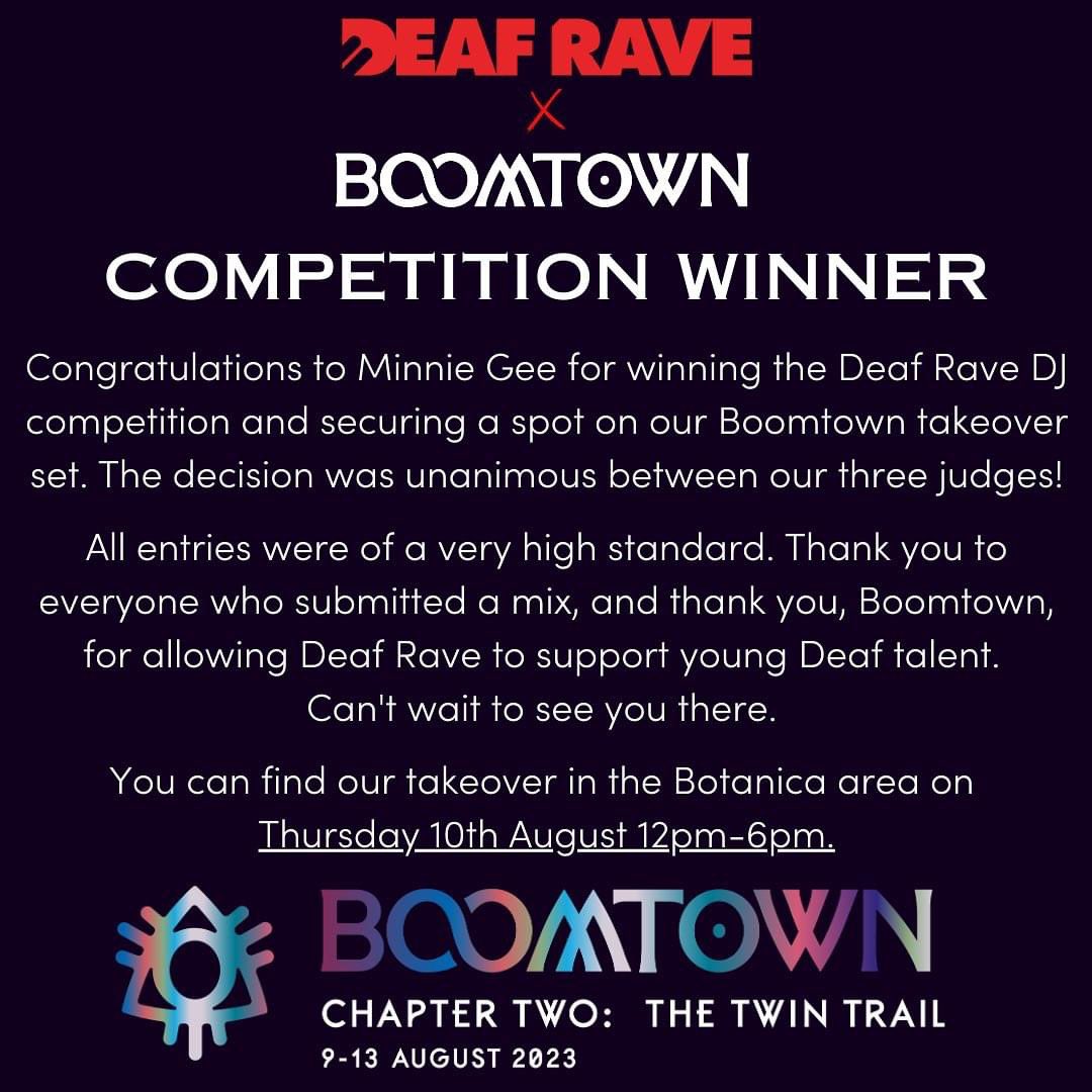 Congrats to Minnie Gee for winning the <a href="/DeafRave/">Deaf Rave</a> DJ Competition ✨