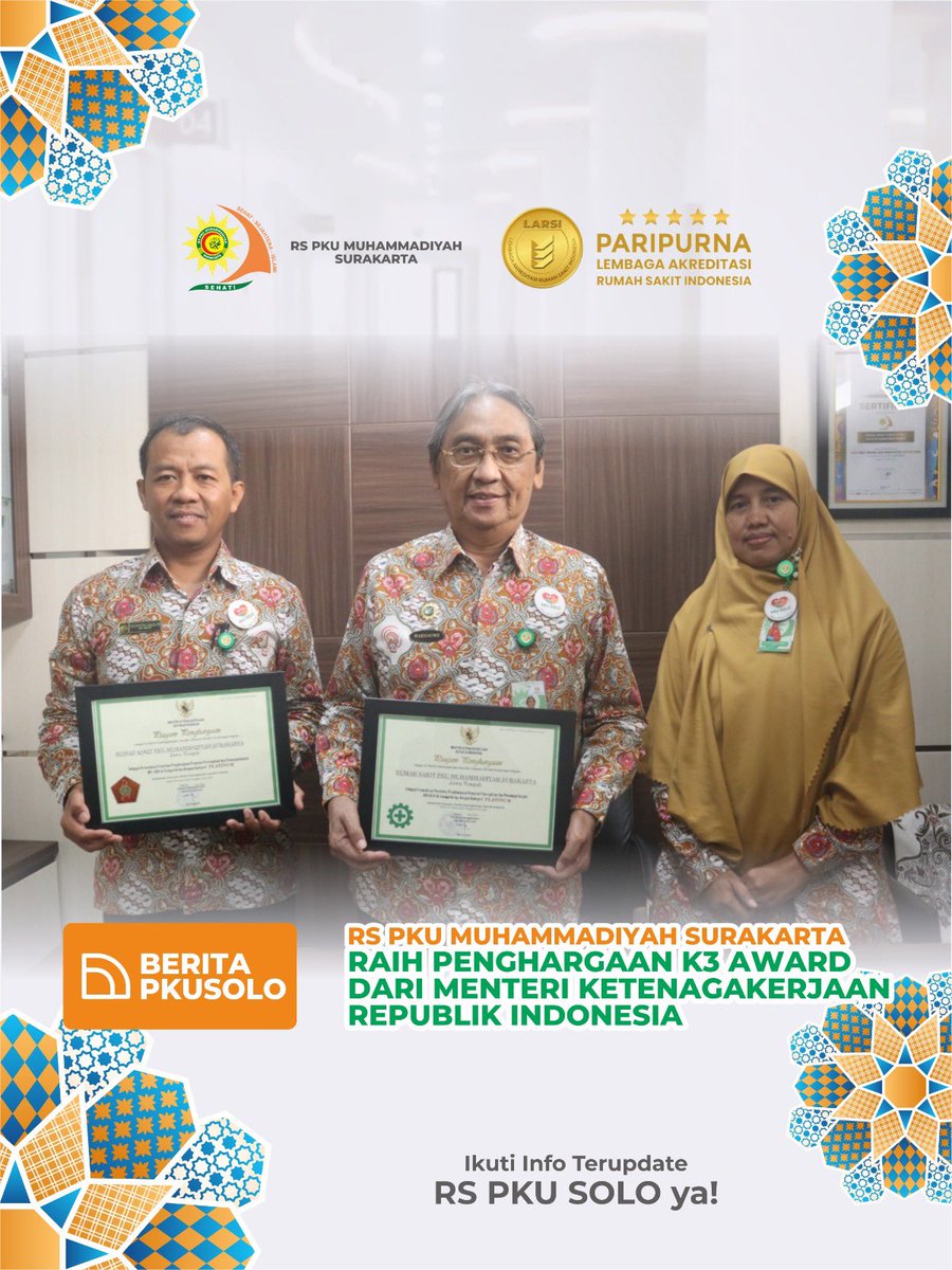 rspkusolo's tweet photo. RS PKU Muhammadiyah mendapatkan dua penghargaan oleh Menteri Ketenagakerjaan RI di acara penganugerahan Penghargaan K3 Awards Tahun 2023 Bagi Perusahaan dan Para Gubernur selaku Pembina K3 yang berlangsung di Jakarta, 22 Juni 2023. 

#k3 #ketenagakerjaan #pkusolo #rumahsakitsolo https://t.co/hGkcEHpFwT