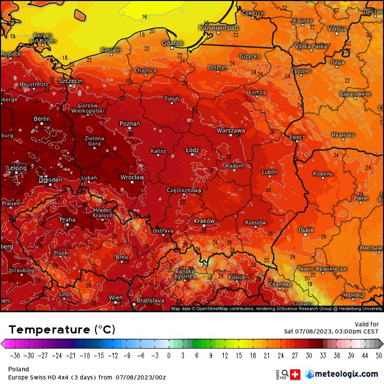 SOB_pl's tweet image. Dziś zapowiada się pierwszy z serii gorących, miejscami upalnych dni. 🌡️☀️🥵
Grafika: @Kachelmannwettr 
#obserwatorzyburz #lato #gorąco