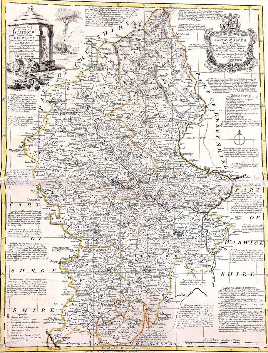 Our first #MapMonday is of the 'county of Stafford' divided into ‘hundreds’ [C9536/1/3], sold by J. Hinton at the Kings Arms in St. Paul’s Churchyard, London, 1749.

The map is bordered by drawings &amp; explanations of the local area, with #DudleyCastle standing “on a high mountain”