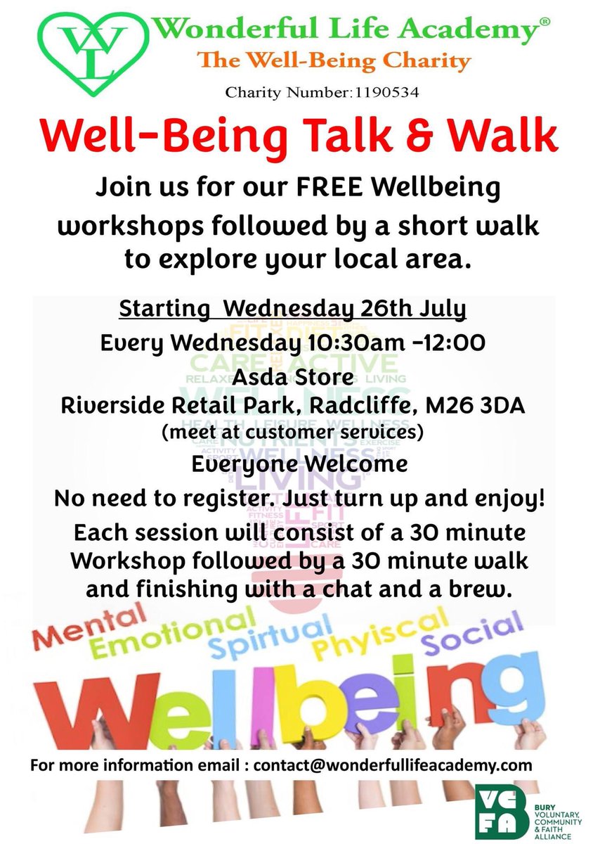 Our wonderful Talk &amp; Walk Wellbeing Workshops are coming to Radcliffe!
Why not come along for a chat and short walk in the local area. Massive thanks to Asda Radcliffe and Bury VCFA for supporting this.  #wellbeing #mentalhealth