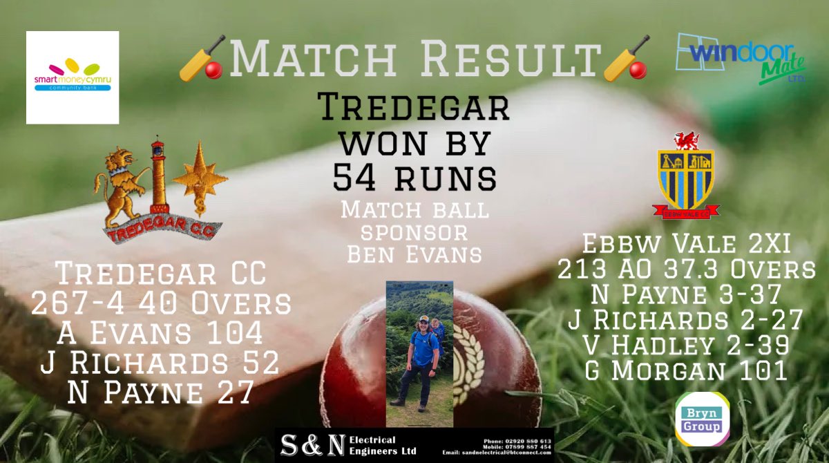Shame Ebbw Vale had to rush back to their ground after the game. Big thank you to our sponsors @SMARTMONEYCYMRU <a href="/BrynGroup/">Bryn Group</a> @Windoormate LTD and S&amp;N Electrical Engineers for your continued support. We travel to <a href="/BridgendTownCC/">Bridgend Town CC</a> 4XI today to try to carry on our winning ways.
