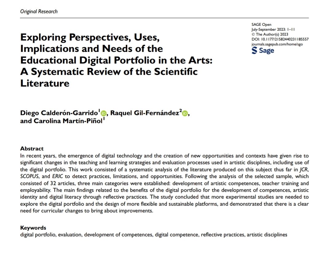 _Diego_Calderon's tweet photo. Por si a alguien le interesa, aquí tenéis el enlace a nuestro último artículo publicado: "Exploring Perspectives, Uses, Implications and Needs of the Educational Digital Portfolio in the Arts"
https://t.co/mxhbJZvIiG
@ire_ub
@EsbrinaRecerca https://t.co/aBqcG97xX1