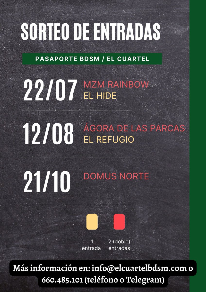 Pasaporte BDSM
¿Te atreves a viajar para conocer otros locales de escena BDSM? ¡Nosotros ponemos la entrada! (Se sortearan entre los asistentes en los eventos de El Cuartel en las fechas indicadas)